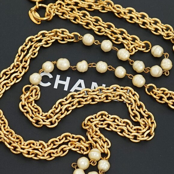 CHANEL Double Chain Pearl Long Necklace 37" Gold Tone Auth w/Box l1140 - Picture 15 of 16